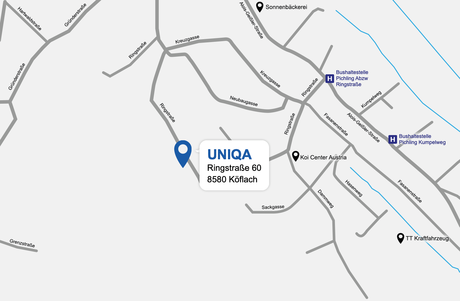 Eine detaillierte gezeichnete Karte der UNIQA Generalagentur Spanninger